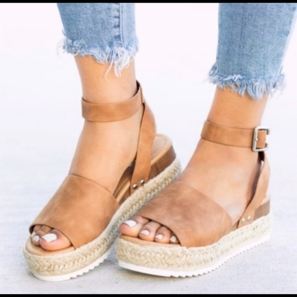 Last Pair! Tan Vegan Leather Wedge Sandals! - Picture 2 of 4